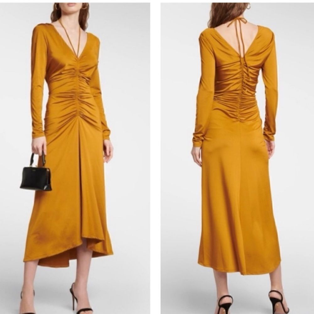 Veronica Beard Gilbert Ruched Jersey Midi Dress Antique Gold 10